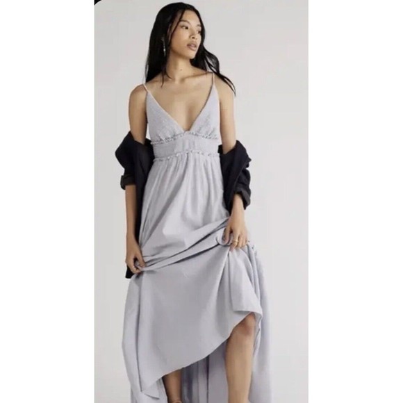 Free People Women Heat Haze Full Maxi Grayish Blue Preppy Dress Size Medium NWT